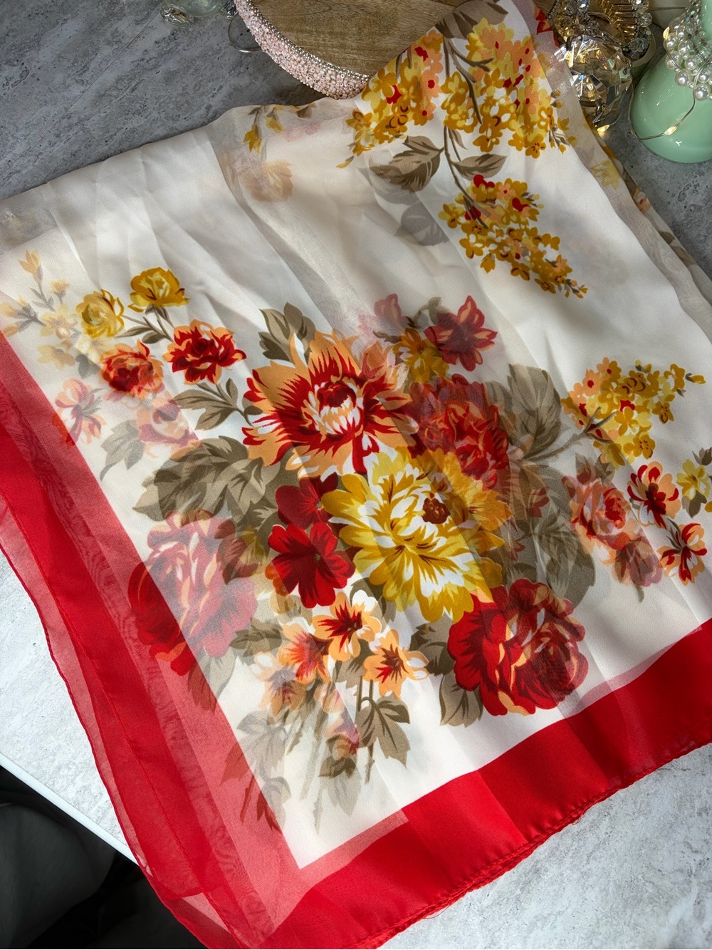 Women’s Scarf Sheer Vintage Floral Flower Accessory Wrap 35x35 Square Shawl